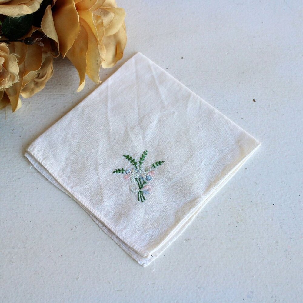 Vintage 1950s Handkerchief, White Cotton With Pink And Blue Embroidered Flowers